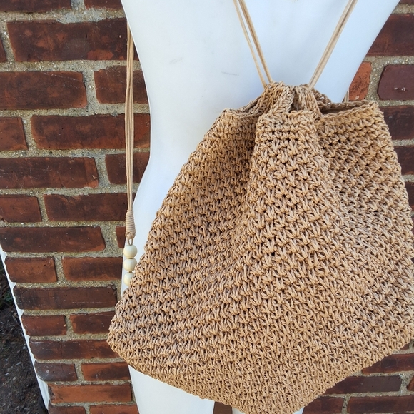 Tan Woven Paper Raffia Drawstring Backpack - Picture 5 of 15
